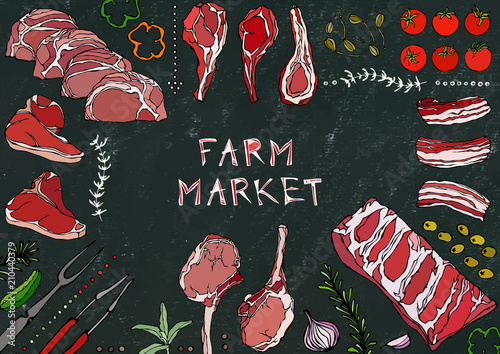 Farm Market. Meat Cuts - Beef, Pork, Lamb, Steak, Boneless Rump, Ribs Roast, Loin and Rib Chops. Tomato, Olives, Bell Pepper, Onion,Garlic, Herbs, Fork, Tongs. Black Board Background and Chalk.
