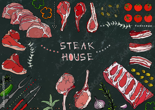 Steak House. Meat Cuts - Beef, Pork, Lamb, Steak, Boneless Rump, Ribs Roast, Loin and Rib Chops. Tomato, Olives, Bell Pepper, Onion,Garlic, Herbs, Fork, Tongs. Black Board Background and Chalk.