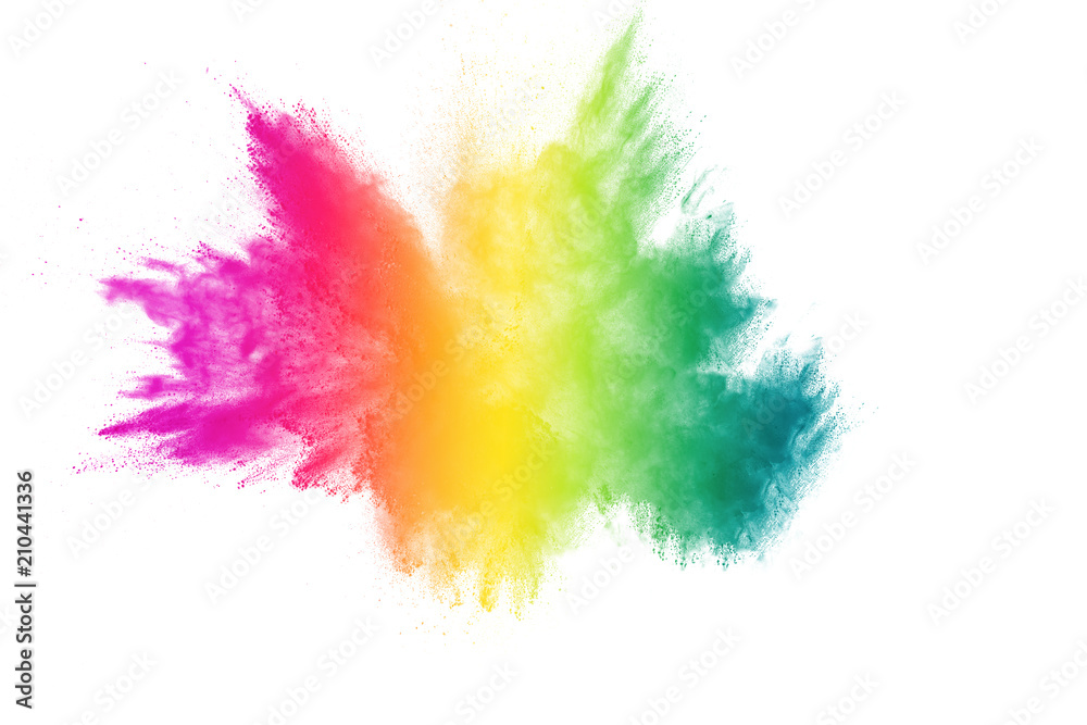 Bizarre forms of powder painted and flour combined explode in front of a white background to give off fantastic colors and forms.