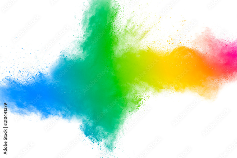 Bizarre forms of powder painted and flour combined explode in front of a white background to give off fantastic colors and forms.