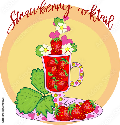 Strawberry cocktail. Cocktail cooked with love. A tall glass with strawberries, decorated with leaves and flowers