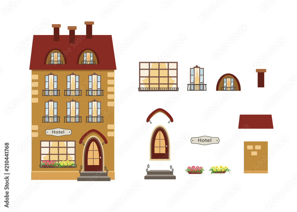 Cartoon house Vintage Hotel with separate elements isolated on white background