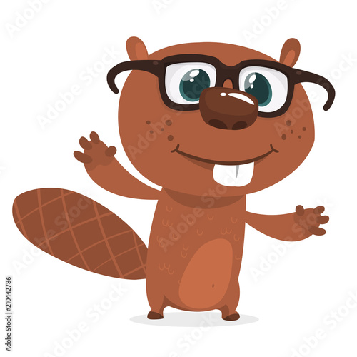 Happy cartoon beaver wearing eyeglasses. Brown beaver character. Vector illustration isolated