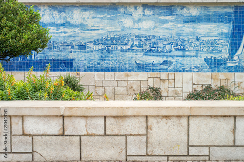 Large display of azulejos, depicting the old town, part of the garden of Julio de Castilho in Alfama district, Lisbon city, Portugal. photo