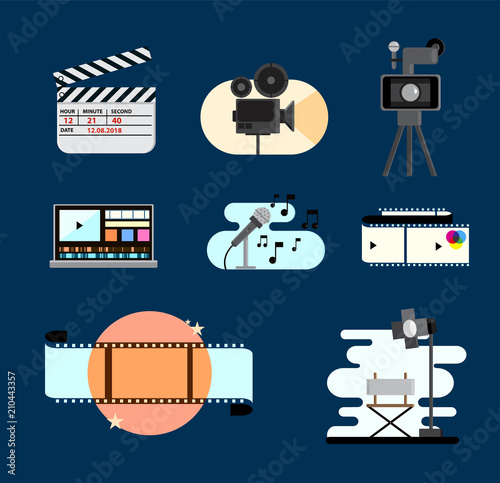 Set with montage icons in flat style. Cinema Movie Icons. Vector illustration design.