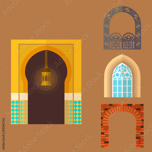 Arch design architecture construction frame classic, column structure gate door facade and gateway building ancient construction vector illustration. photo