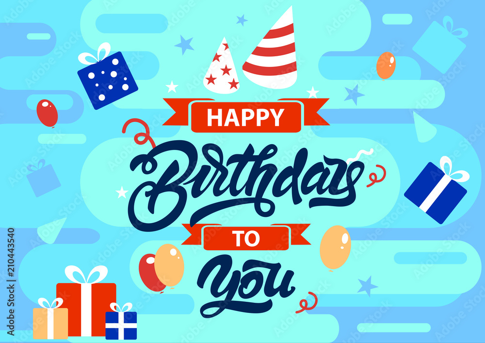 Happy birthday to you colourful background in flat style with gifts, presents, ribbons, balloons illustrations. Vector illustration design. Happy birthday to you colourful background in flat style with gifts, presents, ribbons, balloons illustrations. Vector illustration design.