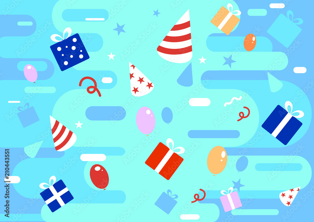 Happy celebration colourful background in flat style with gifts, presents, ribbons, balloons illustrations. Vector illustration design.