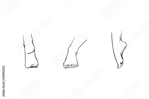 Set of feet in different angles, parts of a human body, lines and strokes sketch drawn. Icons of legs view straight, rear, side. Image of foot care or part for illustration, vector