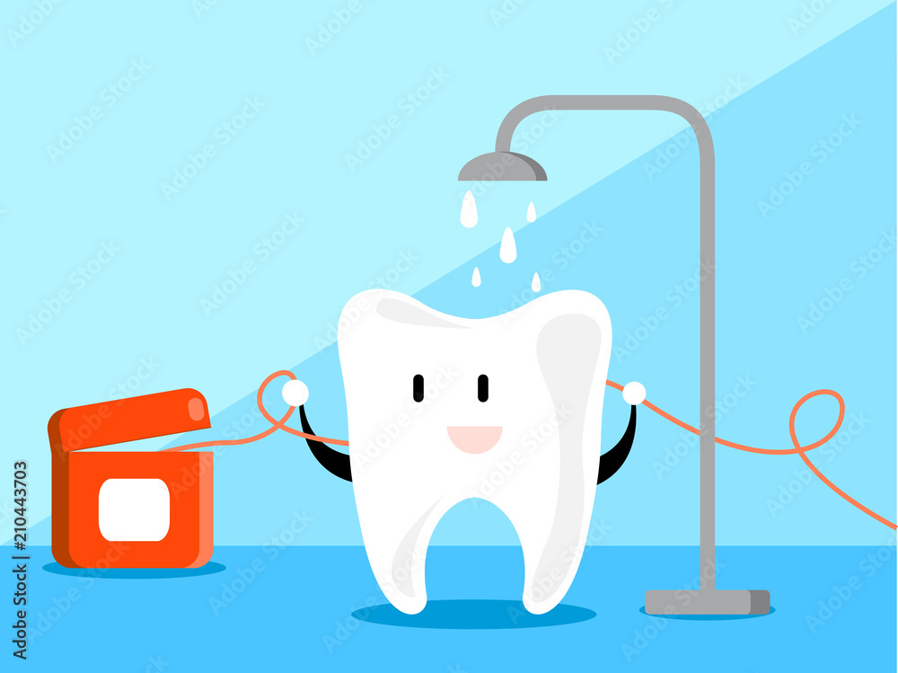 Fun cartoon concept with wash tooth. Tooth with Dental floss in bathroom. Vector illustration design. Fun cartoon concept with wash tooth. Tooth with Dental floss in bathroom. Vector illustration design.