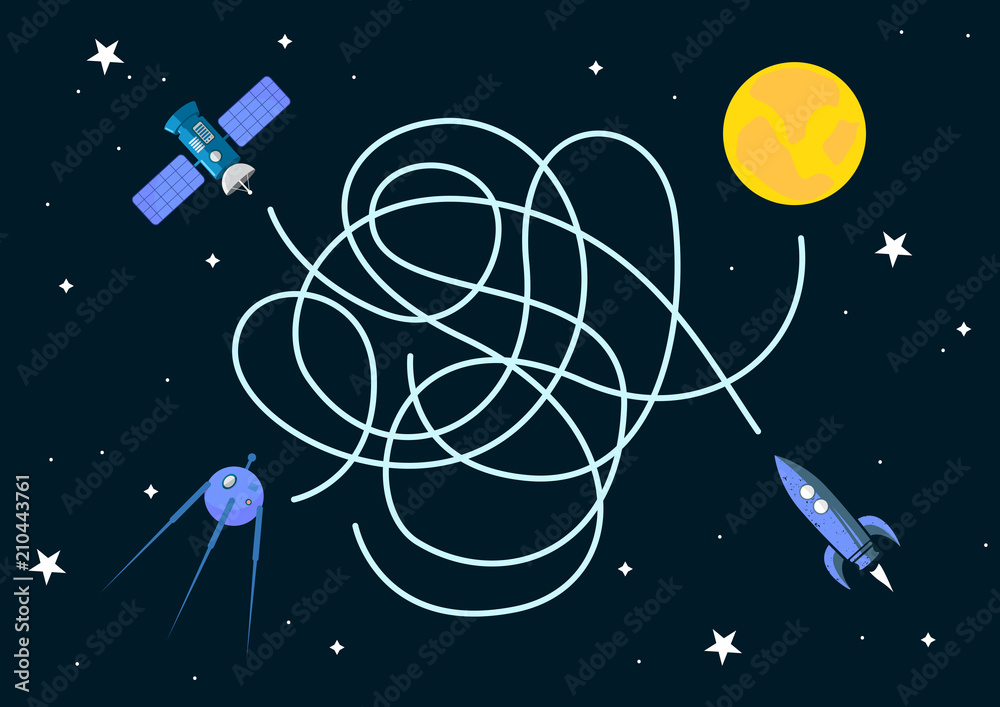 Satellites and spaceship labyrinth maze game with 3 players. Found the sun. Vector illustration design.