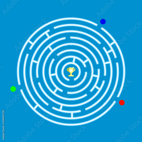 Round labyrinth maze game with 3 players. With Prize in the middle.Vector illustration design.