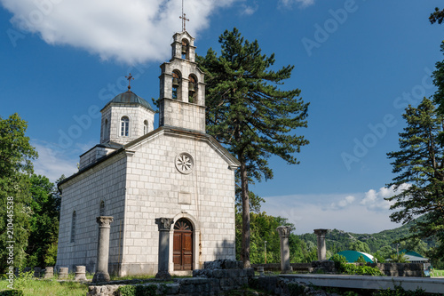 church, architecture, religion, tower, building, sky, old, cathedral, europe, cross, orthodox, blue, temple, montenegro, cetinje, travel, orthodox, white, landmark, city, religious, monument, history,