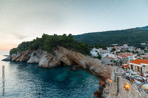 sea, coast, landscape, water, beach, island, sky, ocean, travel, blue, nature, mediterranean, summer, view, bay, montenegro, petrovac, mountain, rock, europe, vacation, town, holiday, tourism, scenic,
