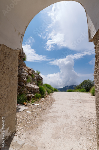 landscape, sky, nature, road, blue, clouds, mountain, travel, summer, water, cloud, view, green, rock, coast, hill, tree, panorama, architecture, old, stone, park, montenegro, lovcen
