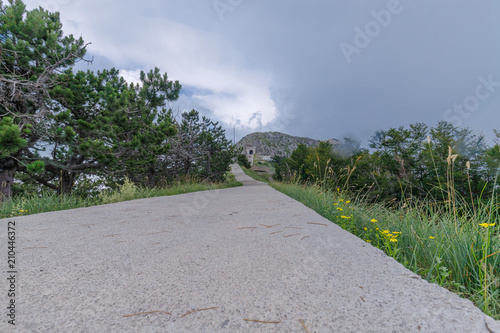road, sky, landscape, nature, rural, grass, green, tree, blue, country, field, cloud, path, summer, countryside, way, travel, clouds, forest, dirt, asphalt, trees, land, meadow, outdoors, mountains, m