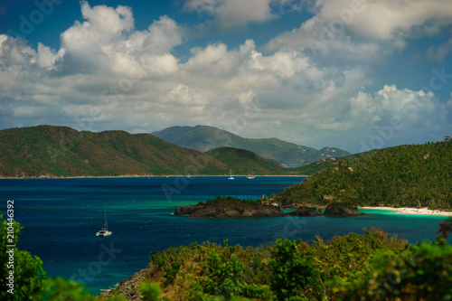 Beautiful bay in island with green hills and yachts, St. John US Virgin Islands