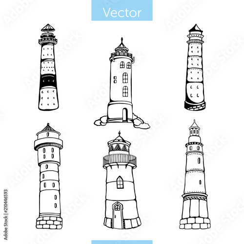 hand-drawn set of six monochrome beacons