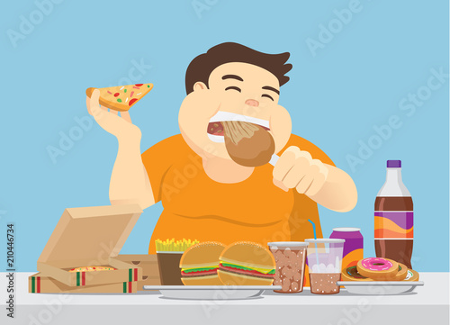 Fat man enjoy with a lot of fast food on the table. Illustration about overeating. photo