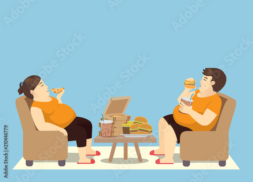 Fat man overeating with many fast food on the table. Illustration about binge eating.