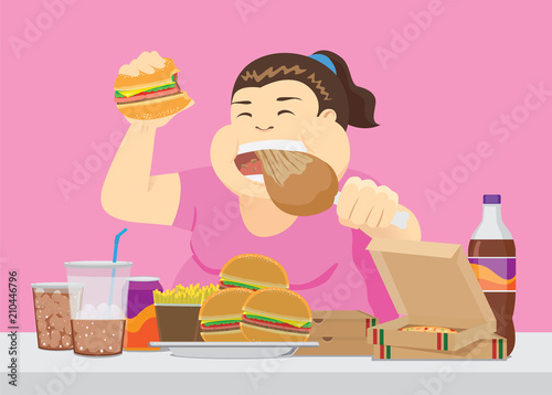 Fat woman enjoy with a lot of fast food on the table. Illustration about overeating.