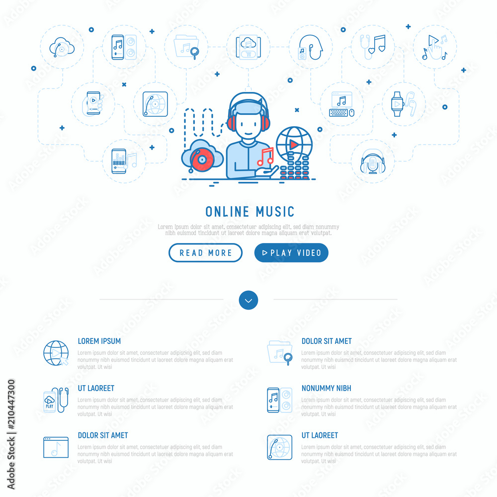 Online music concept: man in headphones listening music from cloud service. Thin line icons: smartphone with mobile app, earphones, equalizer, speaker. Vector illustration, web page template.