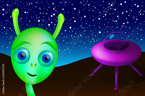 Little green alien with purple saucer visits Earth. Green man from Mars landed in the desert, undiscovered, under night sky and bright stars. UFO, unidentified flying object. Illustration. Vector.