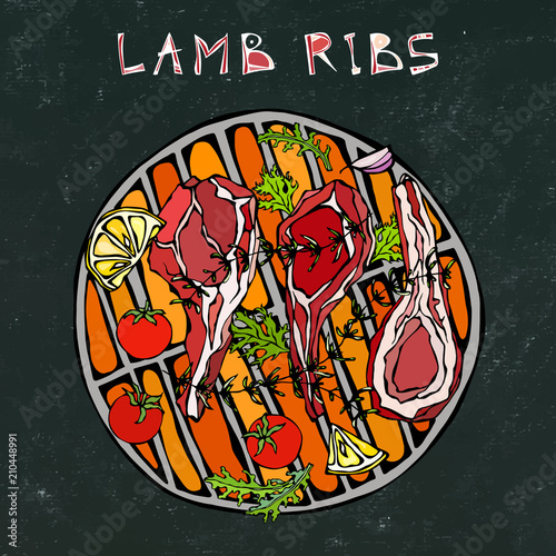 Lamb Ribs Chops with Herbs, Lemon, Tomato, Parsley, Thyme, Pepper. On a Round Grill BBQ. Meat Steak House Restaurant Menu. Hand Drawn Illustration. Doodle Style. Black Board Background and Chalk.