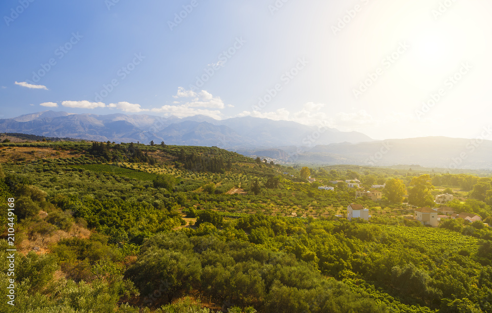 picturesque plateau in Greece on the island of Crete with setting sun