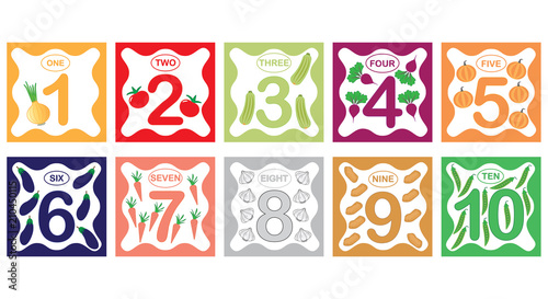 Learning numbers, mathematics with vegetables. Flash cards with numbers from 1 to 10, set. Game for children. Vector illustration.