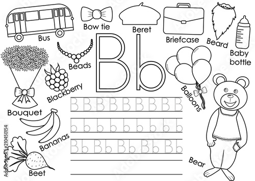 Letter B. English alphabet. Writing practice for children. Educational game. Coloring book. Vector illustration.
