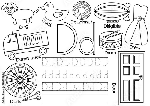 Letter D. Learning English alphabet and writing practice for children. Coloring book. Vector illustration.