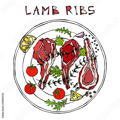 Lamb Ribs Chops with Herbs, Lemon, Tomato, Parsley, Thyme, Pepper. On a Round Plate. Meat Guide for Butcher Shop or Steak House Restaurant Menu. Hand Drawn Illustration. Doodle Style.