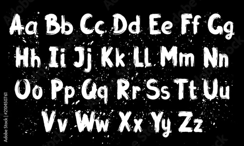 Hand written calligraphy alphabet, black ink brush lettering, abc latin alphabet, grunge font style with ink splashes. Vector