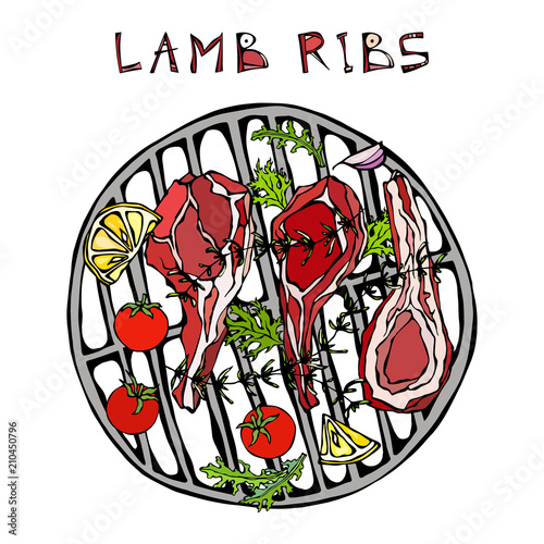 Lamb Ribs Chops with Herbs, Lemon, Tomato, Parsley, Thyme, Pepper. On a Round Grill BBQ. Meat Guide for Butcher Shop or Steak House Restaurant Menu. Hand Drawn Illustration. Doodle Style.