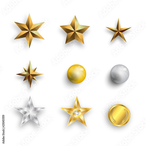 Vector set of realistic metallic golden stars, pearls and golden coins isolated on white background. Realistic vector illustration.