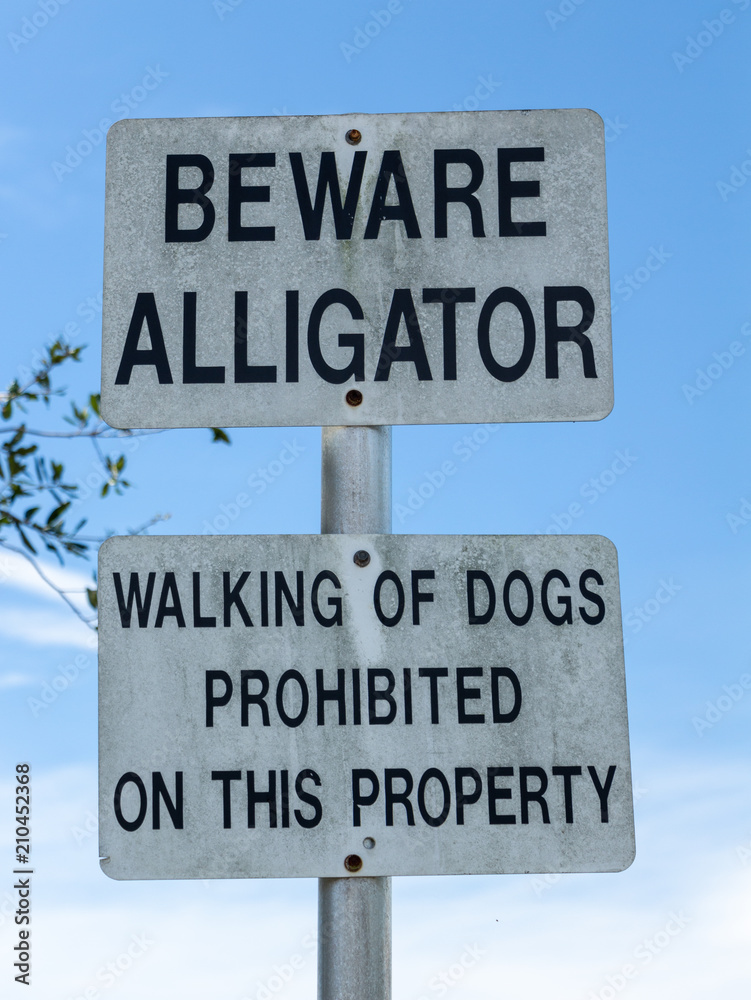 Beware alligator warning sign, walking of dogs prohibited - Davie, Florida, USA Beware alligator warning sign, walking of dogs prohibited - Davie, Florida, USA