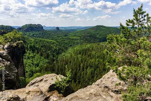 Domerker vantage point in the Elbe Sandstone Mountains. Schrammsteine and Falkenstein rock formations in the background.