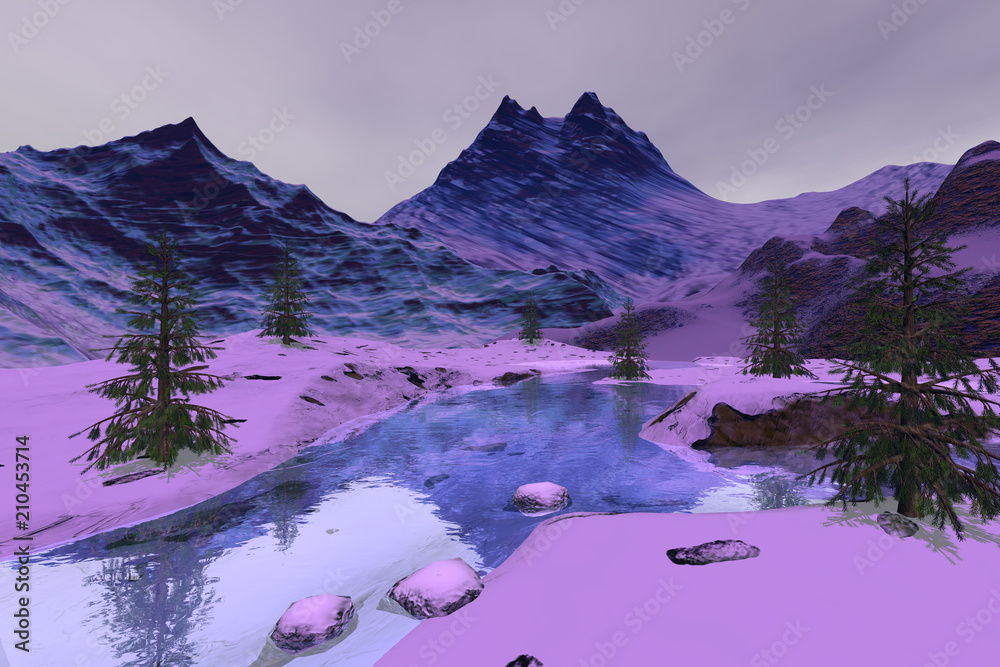 Obraz Góry, krajobraz zimowy, śnieg na ziemi, drzewa iglaste i kamienie w rzece.