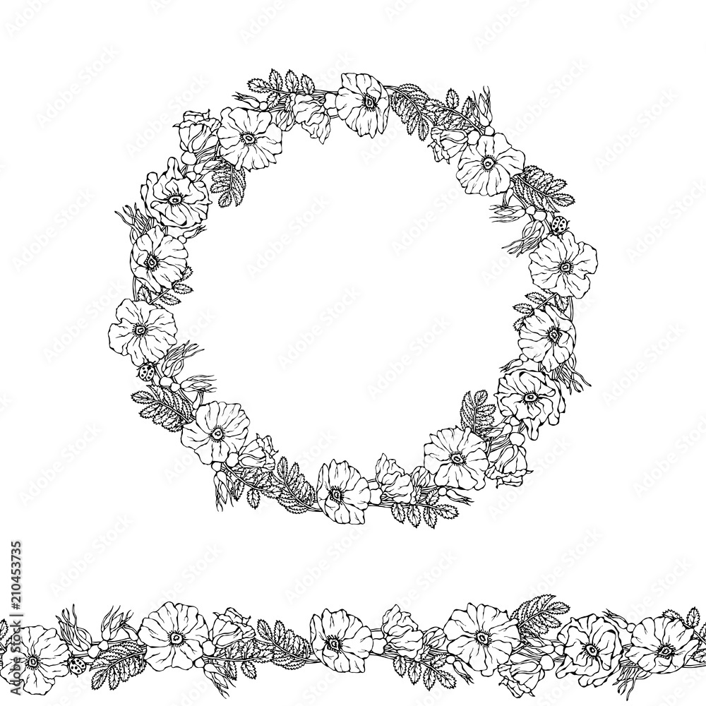 Round Frame and Endless Brush with Wild Roses. Summer Flowers Greeting Card or Wedding Background. Hand Drawn Illustration. Doodle Style. Round Frame and Endless Brush with Wild Roses. Summer Flowers Greeting Card or Wedding Background. Hand Drawn Illustration. Doodle Style.