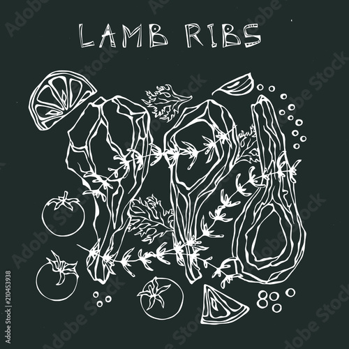 Lamb Ribs Chops with Herbs, Lemon, Tomato, Parsley, Thyme, Pepper. Black Board Background and Chalk. Restaurant Menu. Hand Drawn Illustration. Doodle Style.