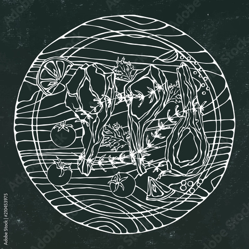 Lamb Ribs Chops with Herbs, Lemon, Tomato, Parsley, Thyme, Pepper. On a Round Wooden Cutting Board. Meat Guide for Butcher Shop or Steak House Restaurant Menu. Hand Drawn Illustration. Doodle Style.