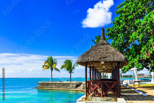 Luxury vacation in tropical resort. Mauritius island. Beachside restaurant