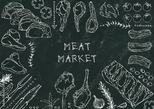 Meat Market. Meat Cuts - Beef, Pork, Lamb, Steak, Boneless Rump, Ribs Roast, Loin and Rib Chops. Tomato, Olives, Bell Pepper, Onion,Garlic, Herbs, Fork, Tongs. Black Board Background and Chalk.