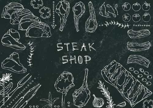 Steak Shop. Meat Cuts - Beef, Pork, Lamb, Steak, Boneless Rump, Ribs Roast, Loin and Rib Chops. Tomato, Olives, Bell Pepper, Onion,Garlic, Herbs, Fork, Tongs. Black Board Background and Chalk.
