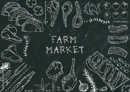 Farm Market. Meat Cuts - Beef, Pork, Lamb, Steak, Boneless Rump, Ribs Roast, Loin and Rib Chops. Tomato, Olives, Bell Pepper, Onion,Garlic, Herbs, Fork, Tongs. Black Board Background and Chalk.