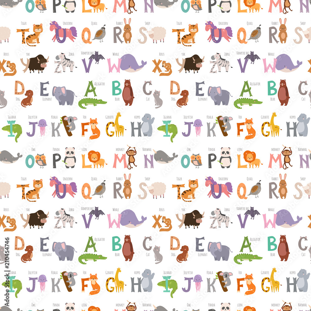 Zoo alphabet with cartoon animals seamless pattern background funny letters wildlife learn typography font language vector illustration. Zoo alphabet with cartoon animals seamless pattern background funny letters wildlife learn typography font language vector illustration.
