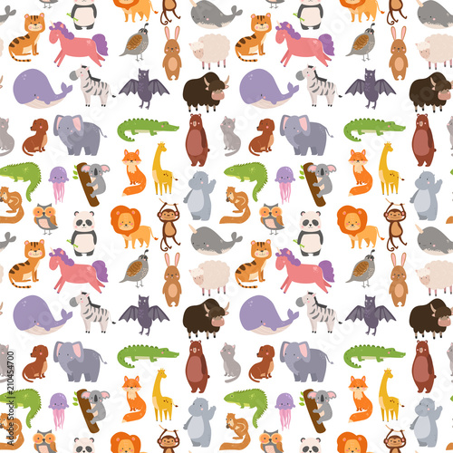 Animals cartoon wildlife nature seamless pattern background jungle texture bird colorful retro wallpaper vector