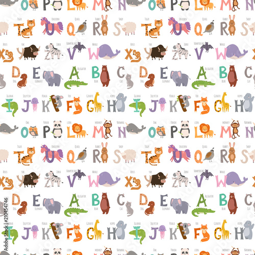 Zoo alphabet with cartoon animals seamless pattern background funny letters wildlife learn typography font language vector illustration.
