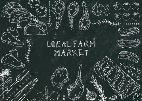 Local Farm Market. Meat Cuts - Beef, Pork, Lamb, Steak, Boneless Rump, Ribs Roast, Loin and Rib Chops. Tomato, Olives, Bell Pepper, Onion,Garlic, Herbs, Fork, Tongs. Black Board Background and Chalk.